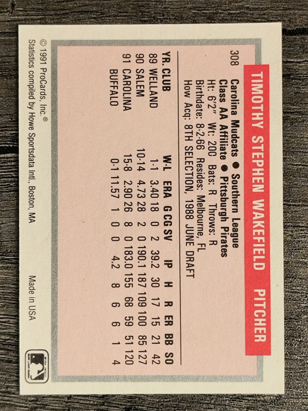 1991-92 ProCards Tomorrow's Heroes #308 Tim Wakefield (NM)