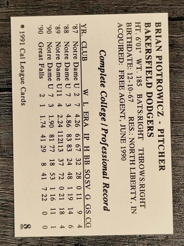 1991 Bakersfield Dodgers Cal League #8 Brian Piotrowicz