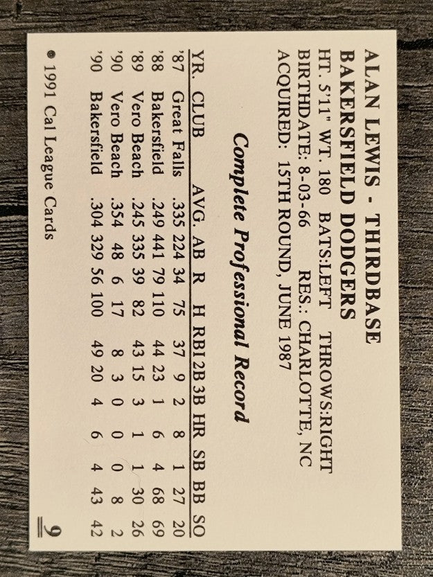 1991 Bakersfield Dodgers Cal League #9 Alan Lewis