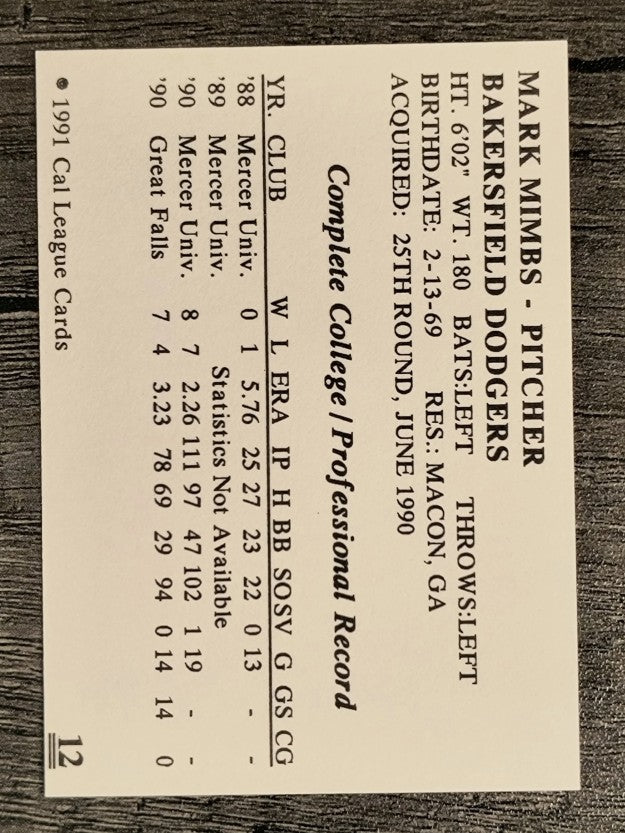 1991 Bakersfield Dodgers Cal League #12 Mark Mimbs