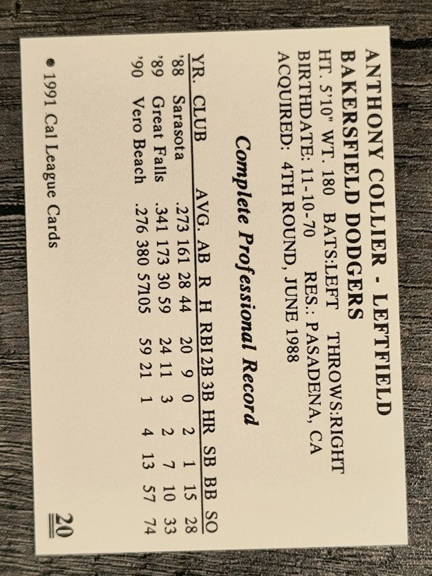 1991 Bakersfield Dodgers Cal League #20 Anthony Collier