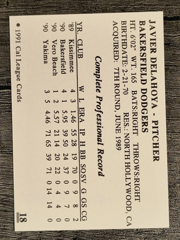 1991 Bakersfield Dodgers Cal League #18 Javier DeLaHoya