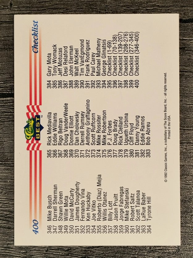 1992 Classic/Best #400 Checklist 346-400