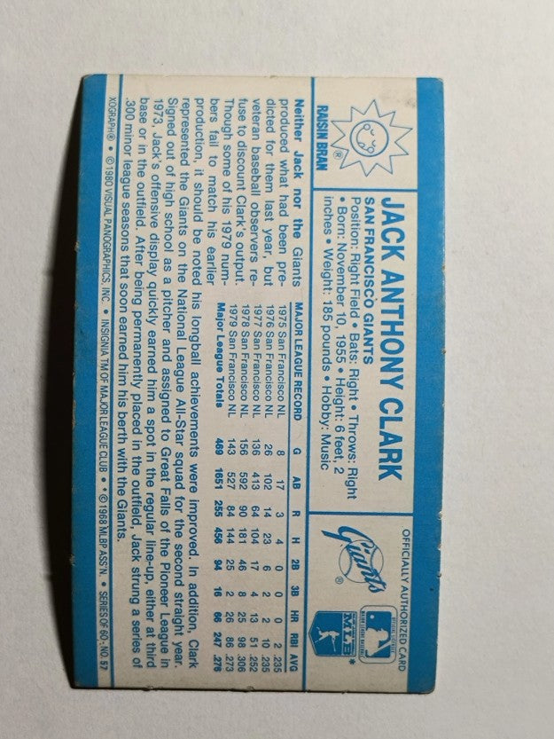1980 Kellogg's #57 Jack Clark (GOOD)