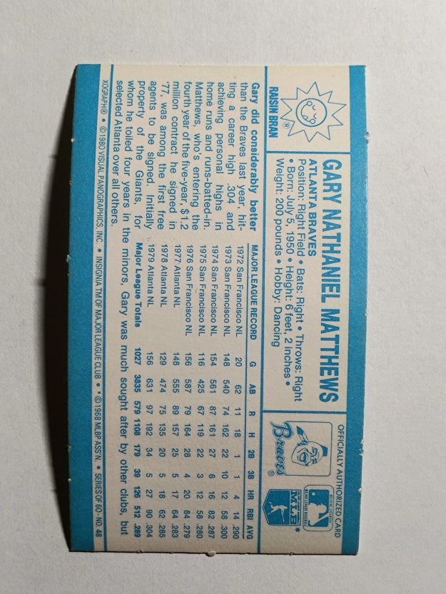 1980 Kellogg's #48 Gary Matthews (POOR)