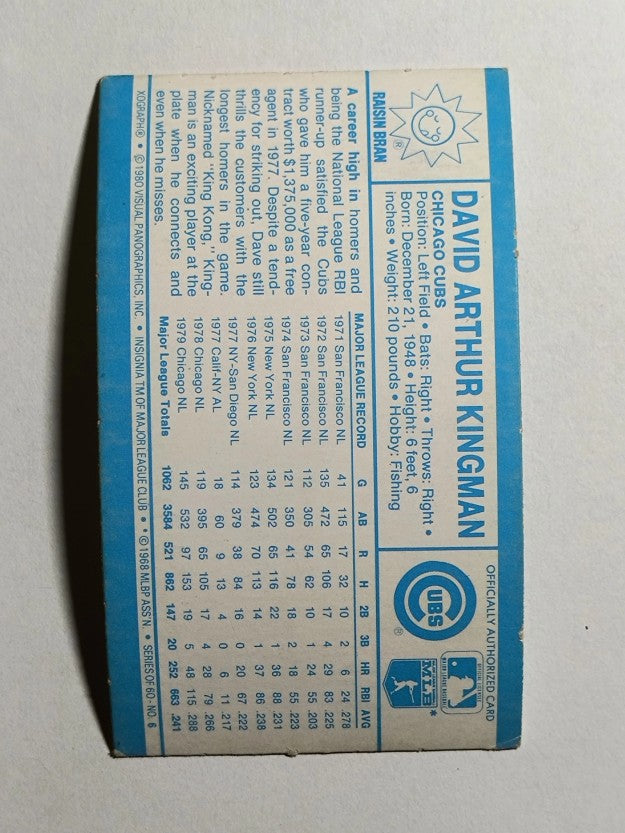 1980 Kellogg's #6 Dave Kingman (POOR)