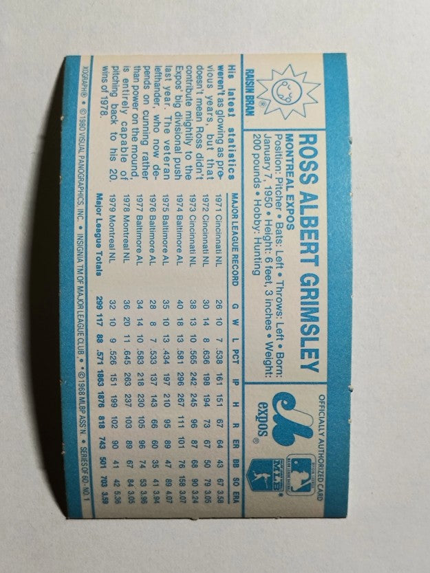 1980 Kellogg's #1 Ross Grimsley (POOR)
