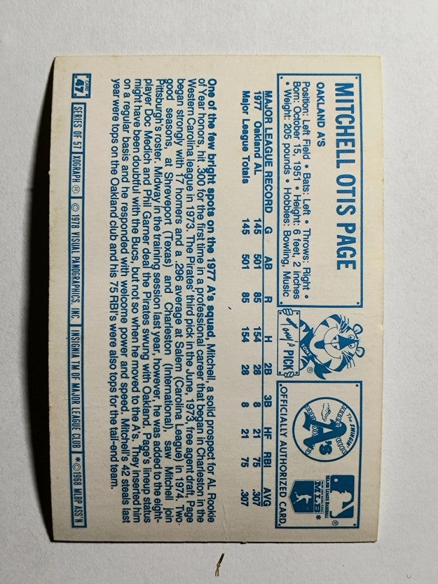 1978 Kellogg's #47 Mitchell Page (POOR)