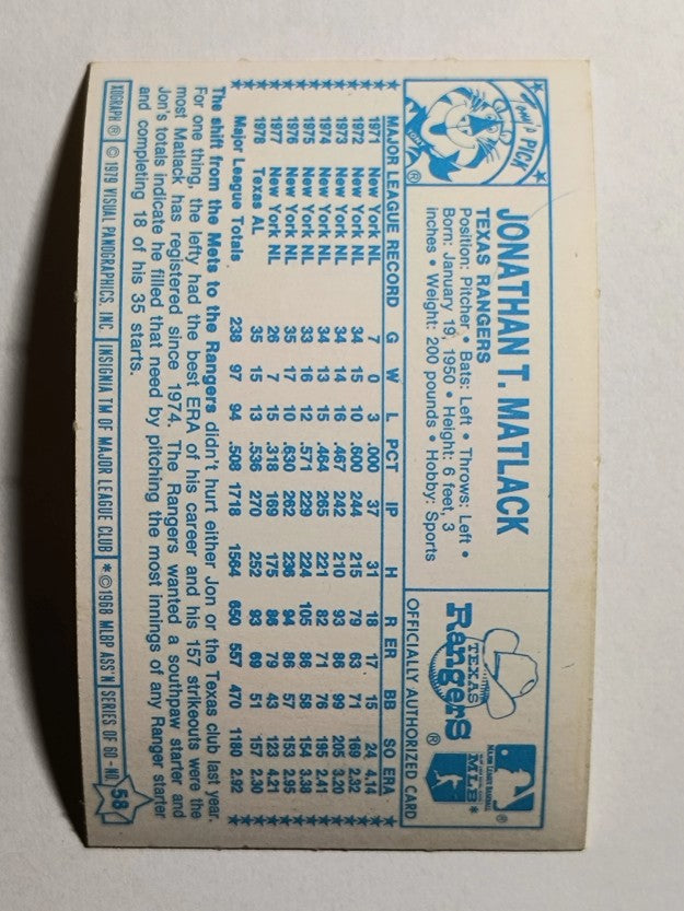 1979 Kellogg's #58 Jon Matlack (NMMT)