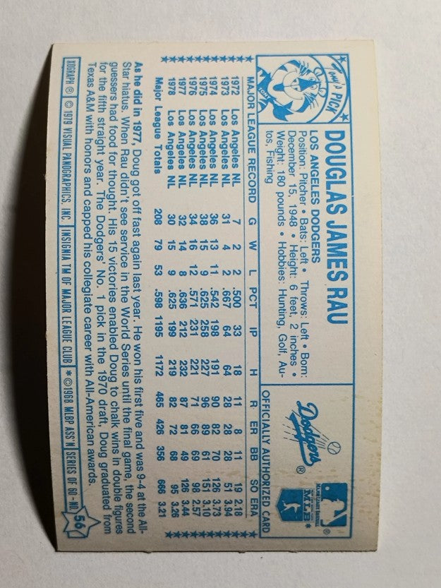 1979 Kellogg's #56B Doug Rau/1978 Pct. .625 (EX)