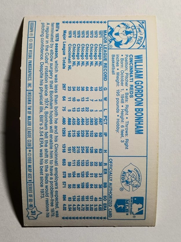 1979 Kellogg's #31 Bill Bonham (POOR)