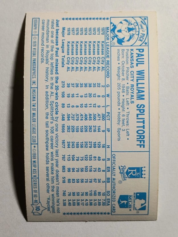 1979 Kellogg's #10B Paul Splittorff/IP 1666 (NMMT)