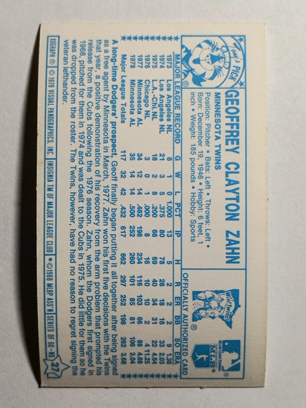 1979 Kellogg's #27B Geoff Zahn/1978 Minnesota (POOR)