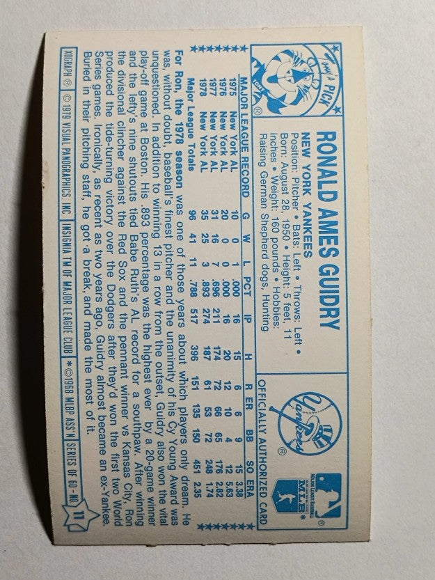 1979 Kellogg's #11B Ron Guidry/Hits 396 (NMMT)