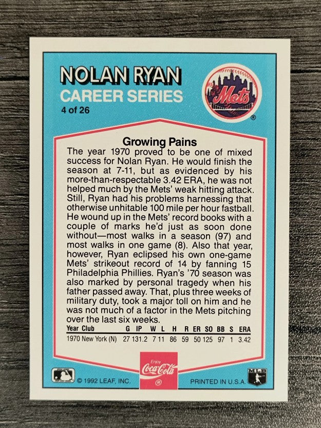 1992 Donruss Coke Ryan #4 Nolan Ryan/1970 NYM