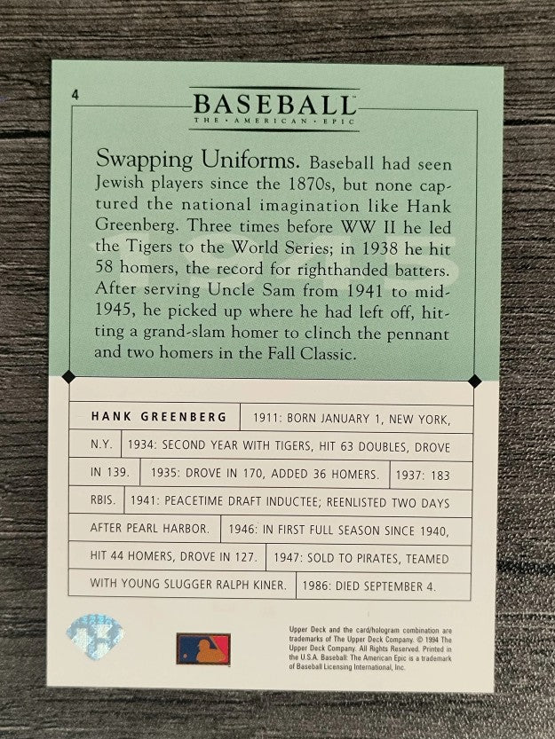 1994 Upper Deck: The American Epic GM #4 Hank Greenberg