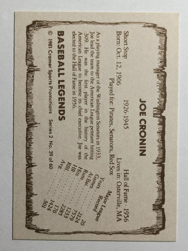 1980-83 Pacific Legends #39 Joe Cronin (NM)