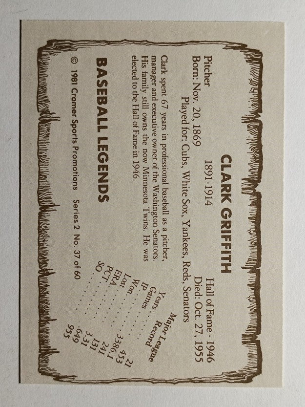 1980-83 Pacific Legends #37 Clark Griffith (NMMT)
