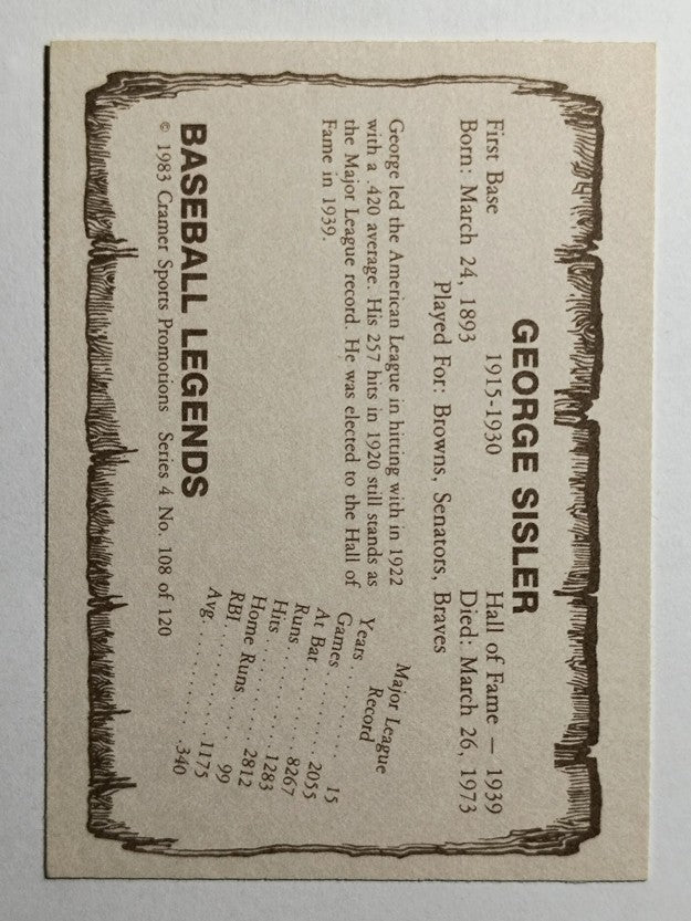 1980-83 Pacific Legends #108 George Sisler (NMMT)
