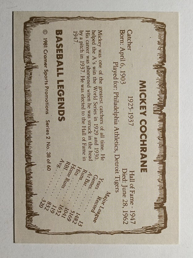 1980-83 Pacific Legends #38 Mickey Cochrane (NMMT)