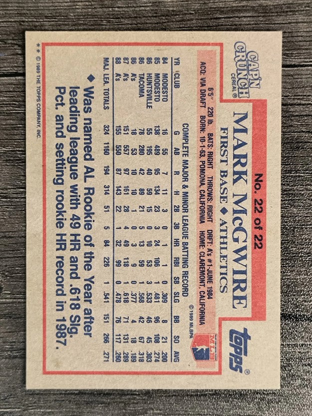 1989 Topps Cap'n Crunch #22 Mark McGwire (NM)