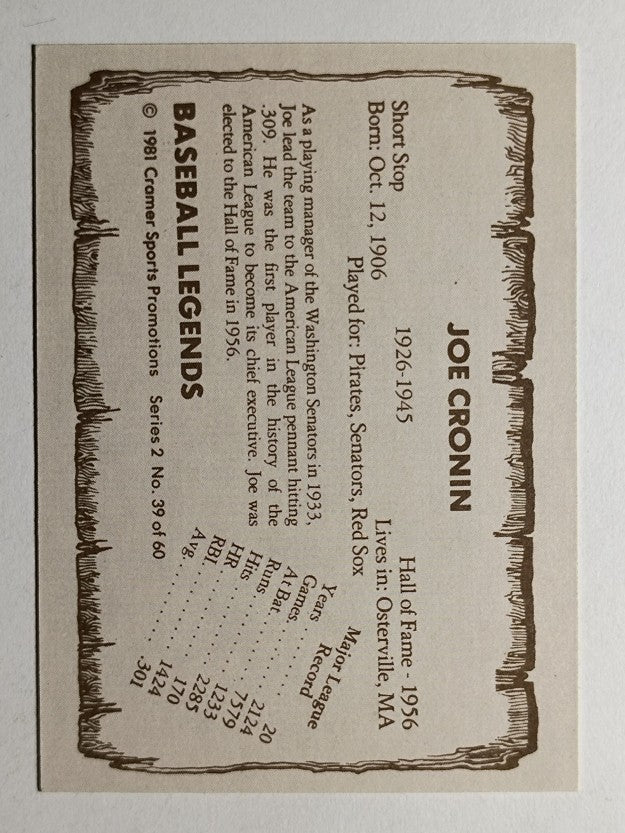 1980-83 Pacific Legends #39 Joe Cronin (NMMT)