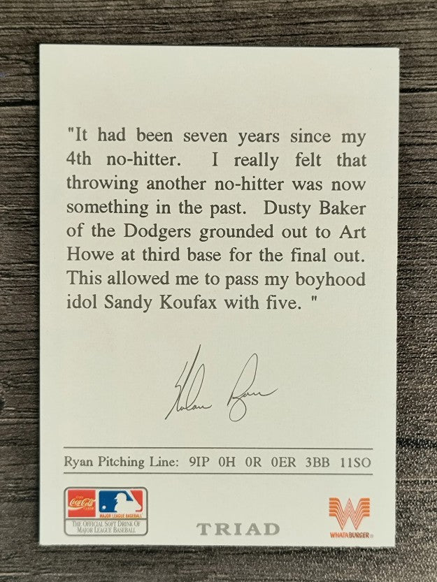 1993 Ryan Whataburger #6 Nolan Ryan/5th No-hitter
