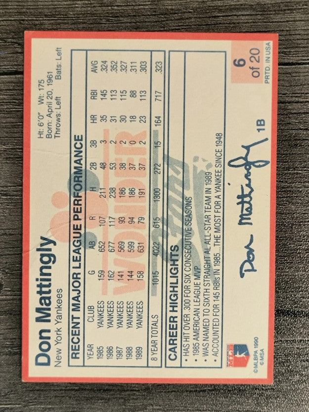 1990 Wonder Bread Stars #6 Don Mattingly (POOR)