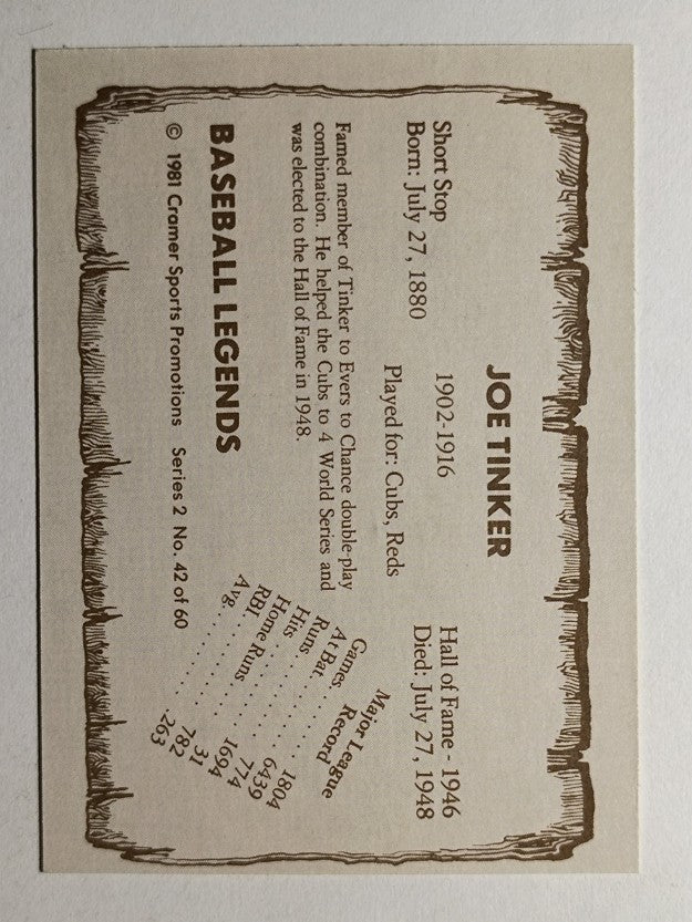 1980-83 Pacific Legends #42 Joe Tinker (NMMT)