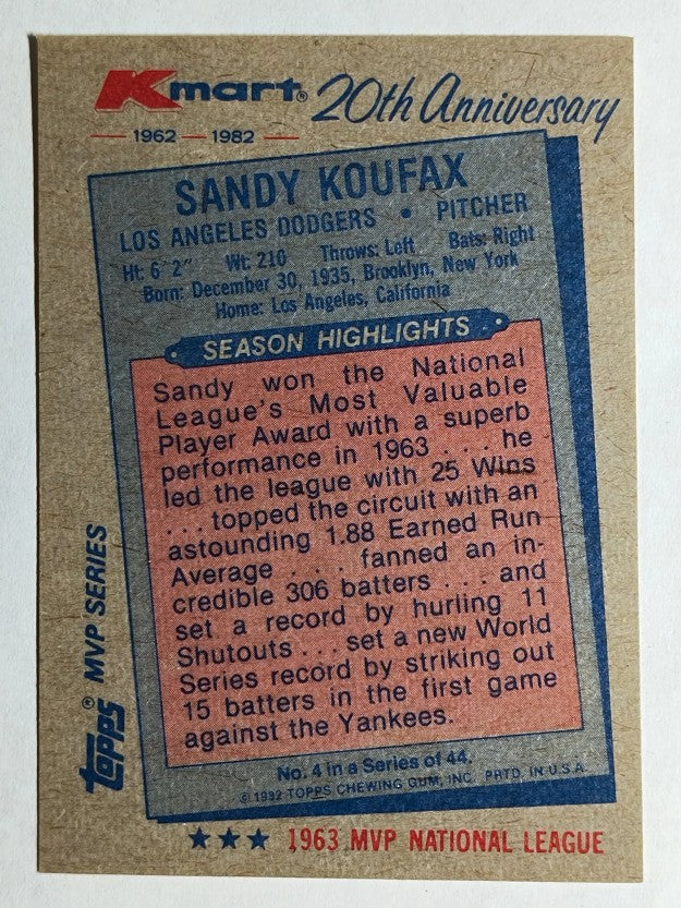 1982 K-Mart #4 Sandy Koufax: 63NL