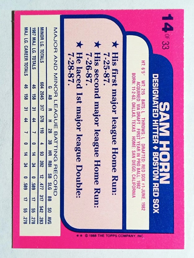 1988 Toys'R'Us Rookies #14 Sam Horn
