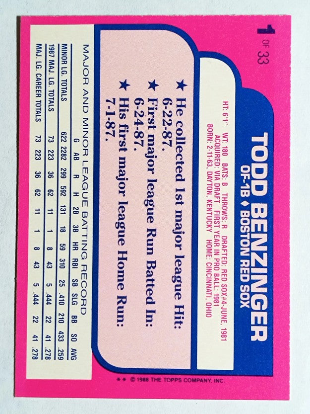 1988 Toys'R'Us Rookies #1 Todd Benzinger