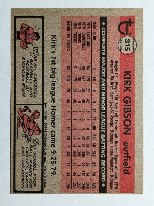1981 Topps #315 Kirk Gibson RC (EXMT)
