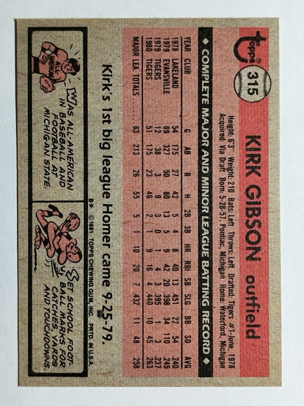 1981 Topps #315 Kirk Gibson RC (EXMT)