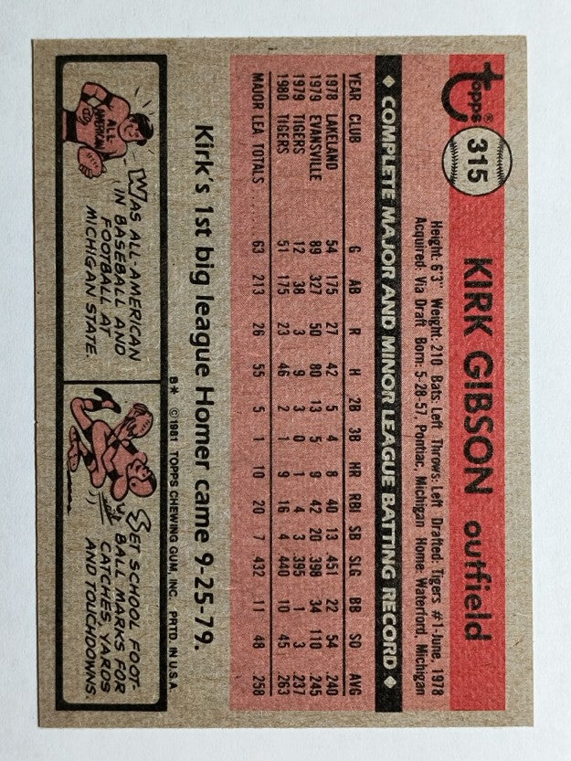 1981 Topps #315 Kirk Gibson RC (NM)