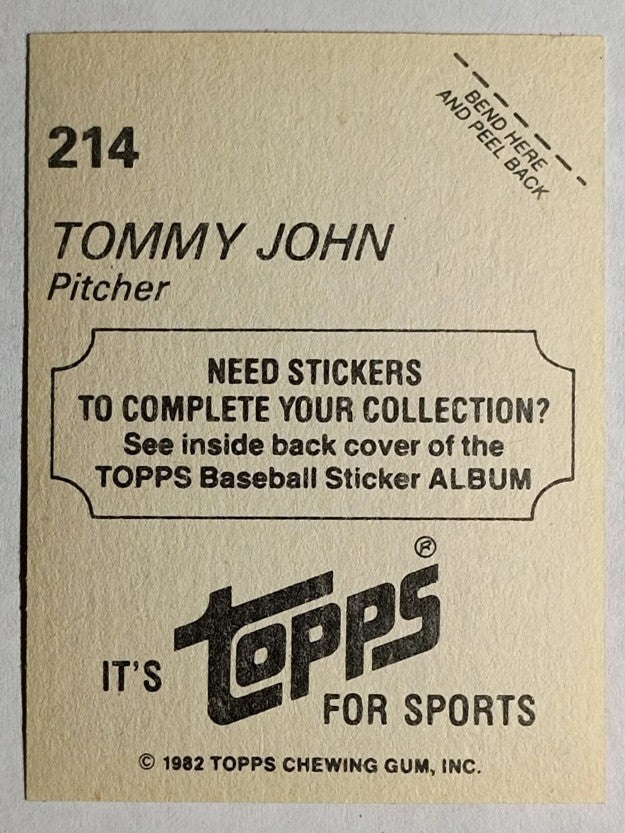 1982 Topps Stickers #214 Tommy John