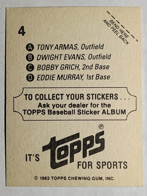 1982 Topps Stickers #4 AL HR:Tony Armas/Bobby Grich/Dwight Evans/Eddie