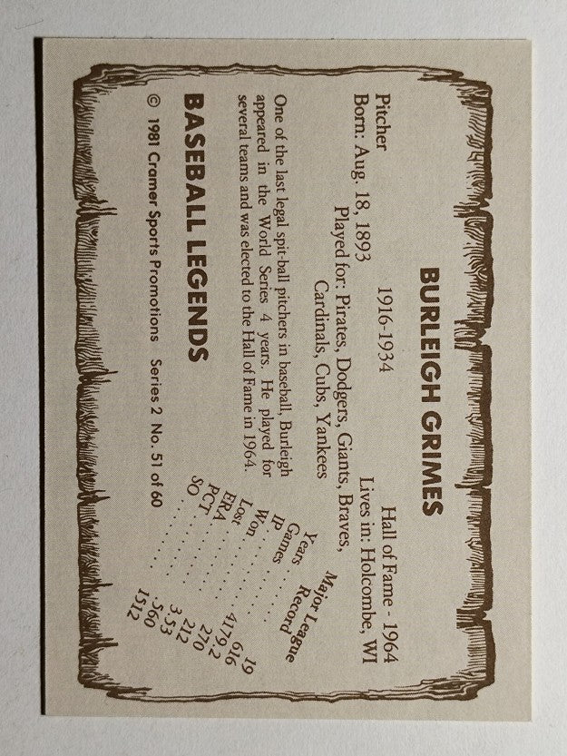 1980-83 Pacific Legends #51 Burleigh Grimes (MINT)