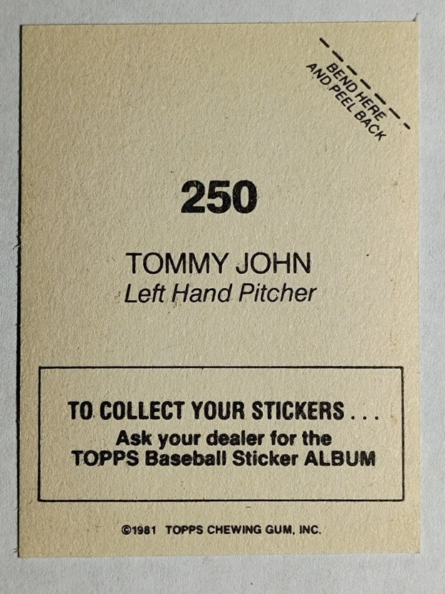 1981 Topps Stickers #250 Tommy John FOIL