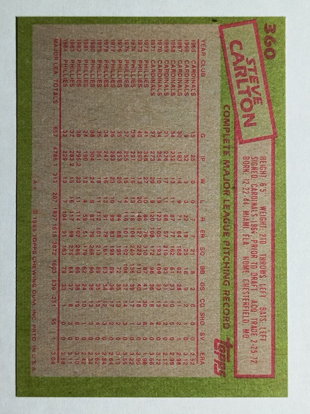1985 Topps #360 Steve Carlton