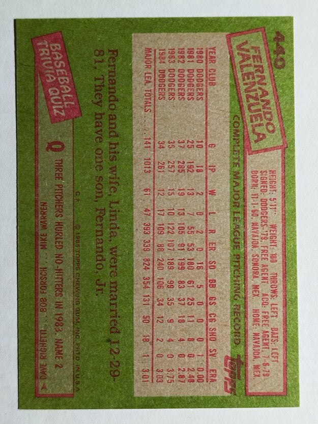 1985 Topps #440 Fernando Valenzuela