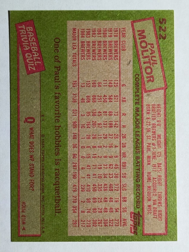 1985 Topps #522 Paul Molitor