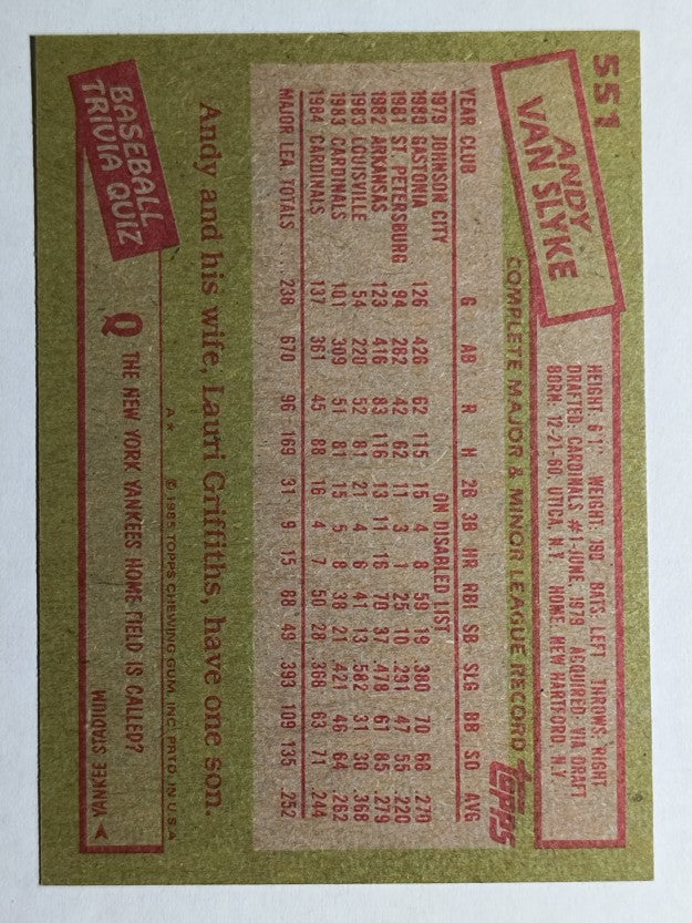 1985 Topps #551 Andy Van Slyke