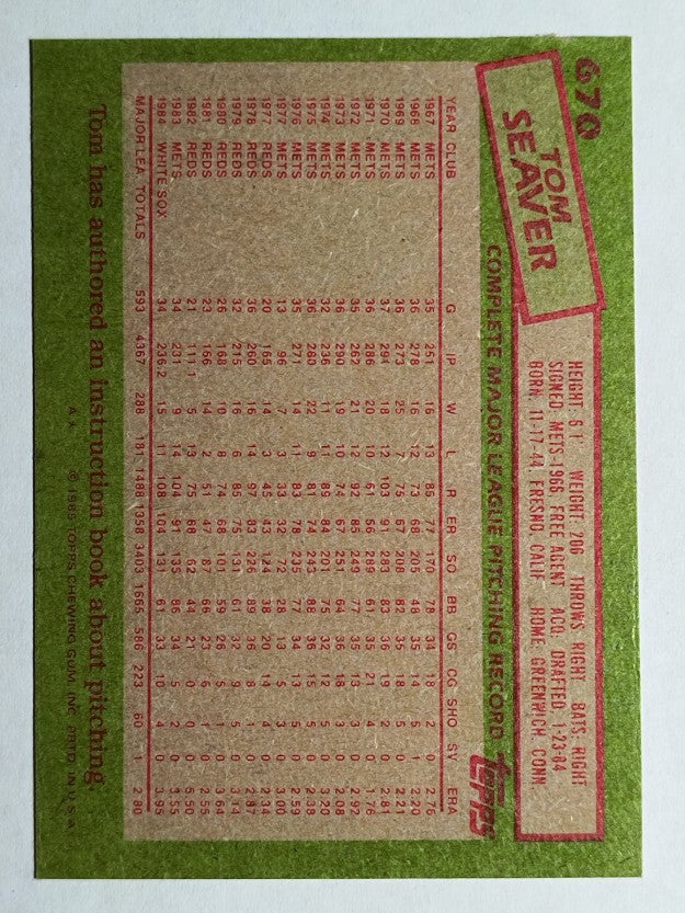 1985 Topps #670 Tom Seaver
