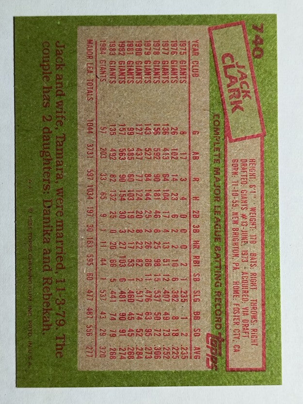 1985 Topps #740 Jack Clark