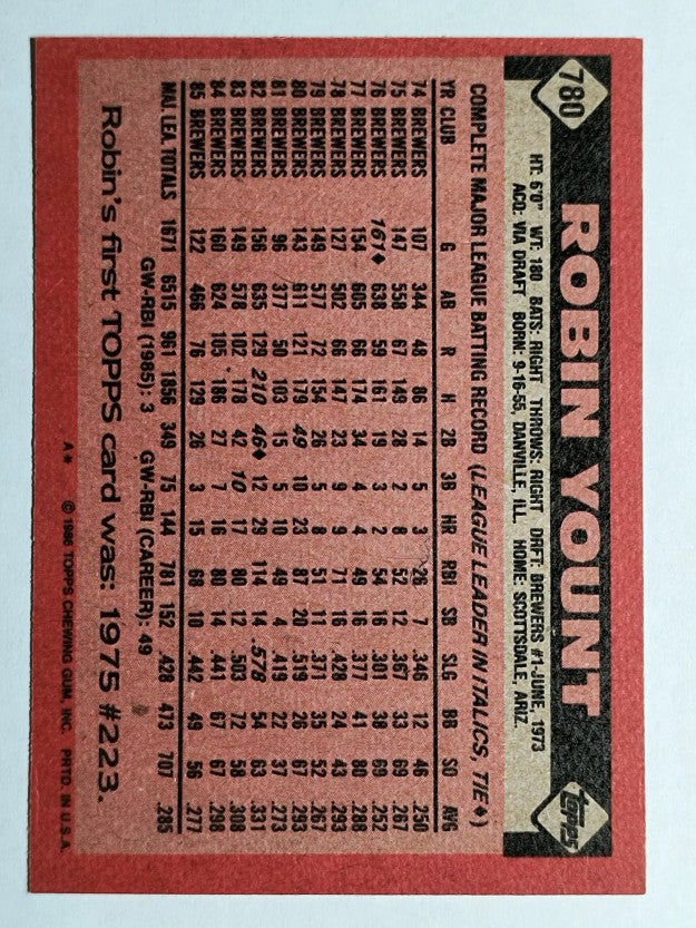 1986 Topps #780 Robin Yount