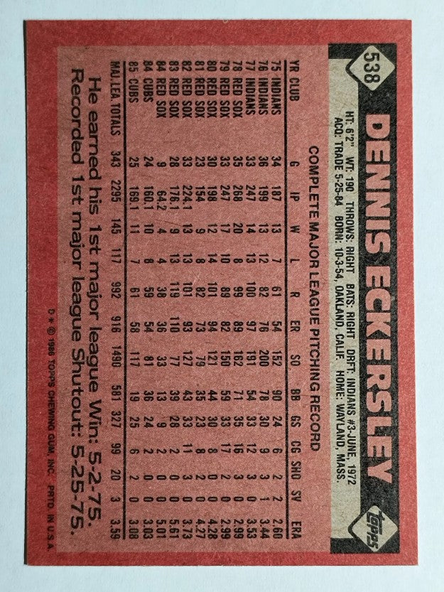 1986 Topps #538 Dennis Eckersley