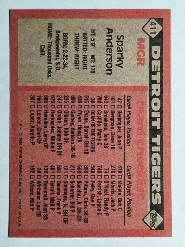 1986 Topps #411 Sparky Anderson MG