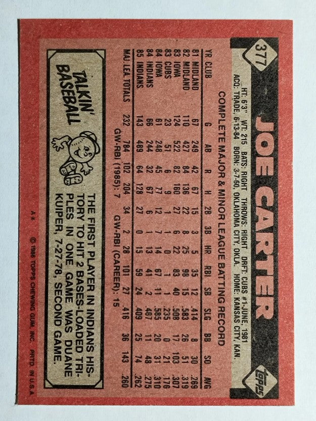 1986 Topps #377 Joe Carter