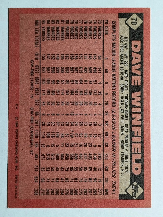 1986 Topps #70 Dave Winfield